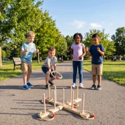 Ringwurfspiel aus Holz mit 5 Seilringen & 9 Holzstab für Kinder & Erwachsen 50 x 50 x 17 cm