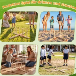Ringwurfspiel aus Holz mit 5 Seilringen & 9 Holzstab für Kinder & Erwachsen 50 x 50 x 17 cm
