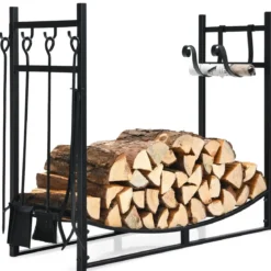 Robustes Brennholzregal & Werkzeugsetmit Anzündholzhaltern & Schaufel 91x33x76cm Schwarz