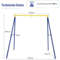 Robustes Metall-Schaukelgestell A-Rahmen Gartenschaukel Gestell 194 x 184 x 180 cm Blau + Gelb