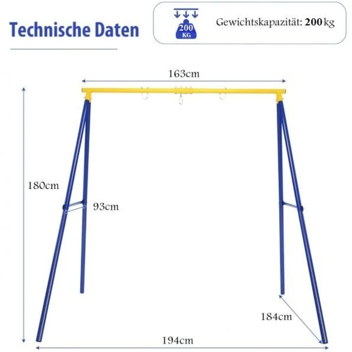 Robustes Metall-Schaukelgestell A-Rahmen Gartenschaukel Gestell 194 x 184 x 180 cm Blau + Gelb