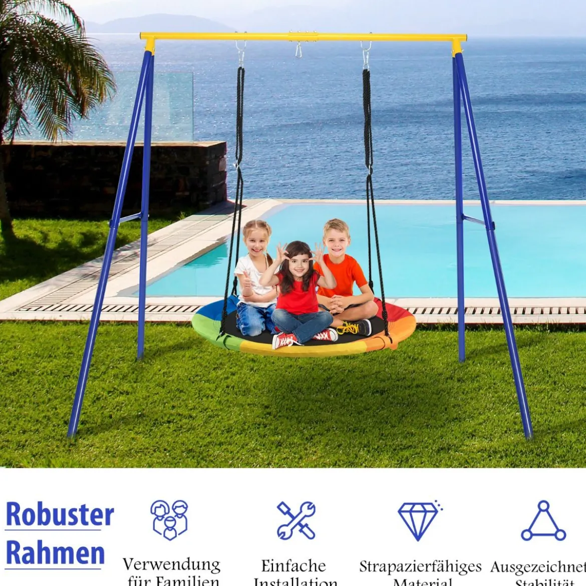 Robustes Metall-Schaukelgestell A-Rahmen Gartenschaukel Gestell 194 x 184 x 180 cm Blau + Gelb