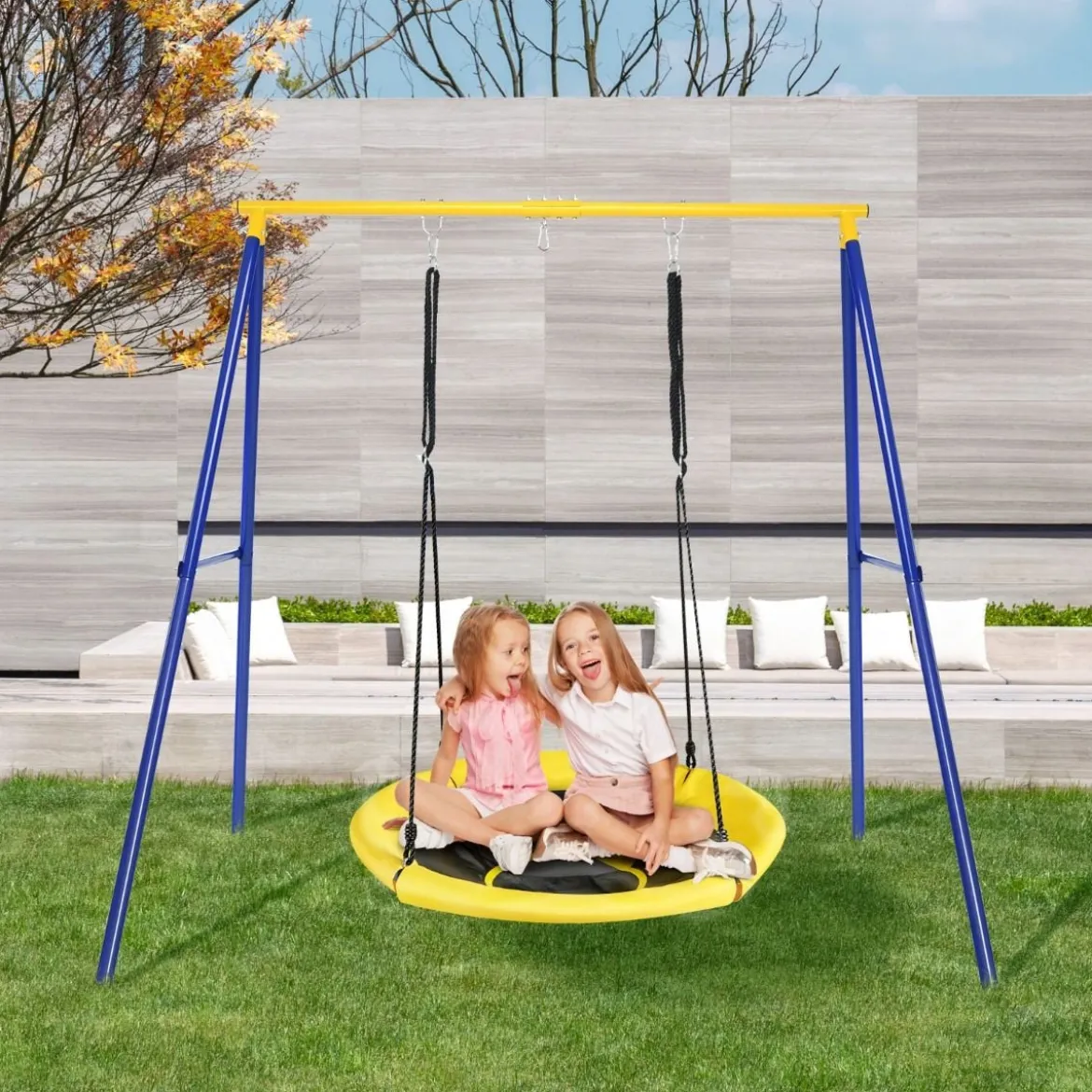 Robustes Metall-Schaukelgestell A-Rahmen Gartenschaukel Gestell 194 x 184 x 180 cm Blau + Gelb