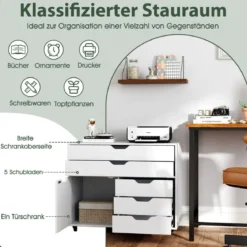 Rollcontainer mit 5 Schubladen & Schrank Mobiler Aktenschrank Schubladenschrank Bürocontainer Weiß