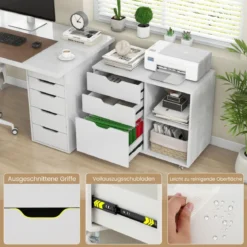 Rollcontainer mit 3 Schubladen Aktenschrank mit Rollen und offenen Fächern Weiß/Rustikal Braun