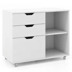 Rollcontainer mit 3 Schubladen Aktenschrank mit Rollen und offenen Fächern Weiß/Rustikal Braun