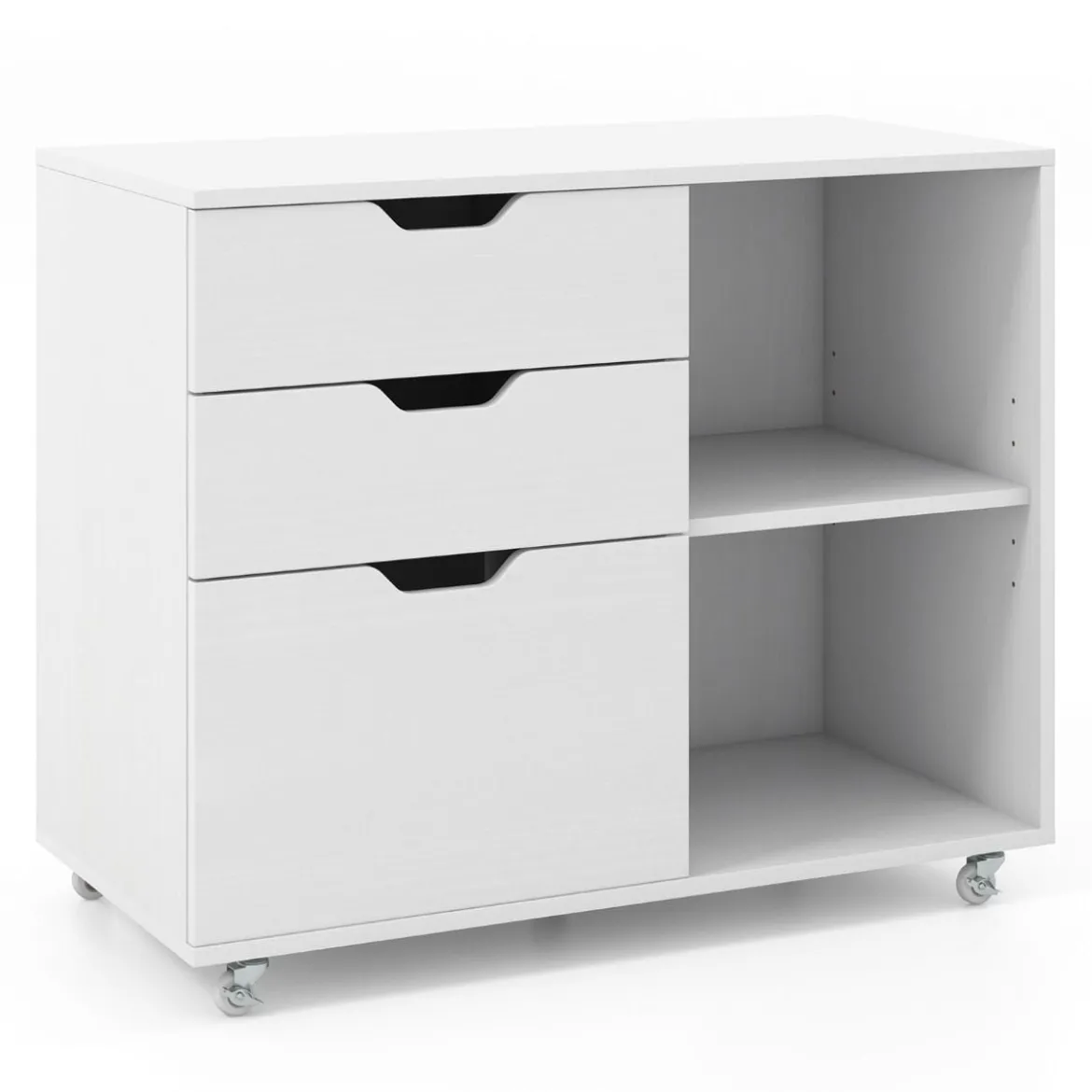 Rollcontainer mit 3 Schubladen Aktenschrank mit Rollen und offenen Fächern Weiß/Rustikal Braun