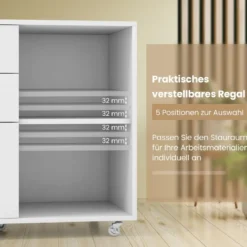 Rollcontainer mit 3 Schubladen Aktenschrank mit Rollen und offenen Fächern Weiß/Rustikal Braun