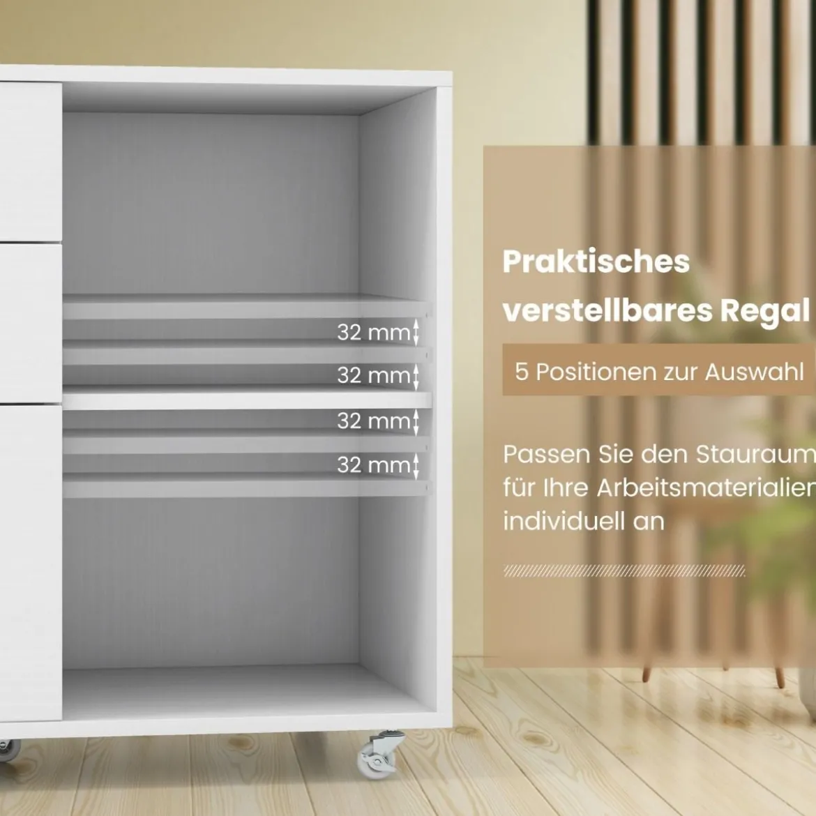 Rollcontainer mit 3 Schubladen Aktenschrank mit Rollen und offenen Fächern Weiß/Rustikal Braun