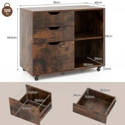 Rollcontainer mit 3 Schubladen Aktenschrank mit Rollen und offenen Fächern Weiß/Rustikal Braun