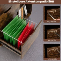 Rollcontainer mit 3 Schubladen Aktenschrank mit Rollen und offenen Fächern Weiß/Rustikal Braun