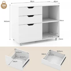 Rollcontainer mit 3 Schubladen Aktenschrank mit Rollen und offenen Fächern Weiß/Rustikal Braun