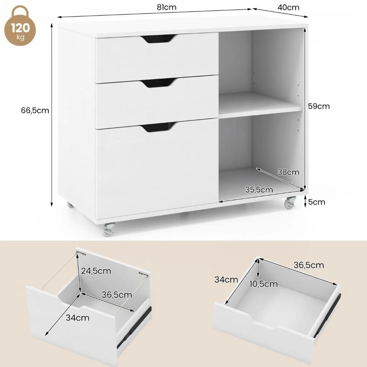 Rollcontainer mit 3 Schubladen Aktenschrank mit Rollen und offenen Fächern Weiß/Rustikal Braun