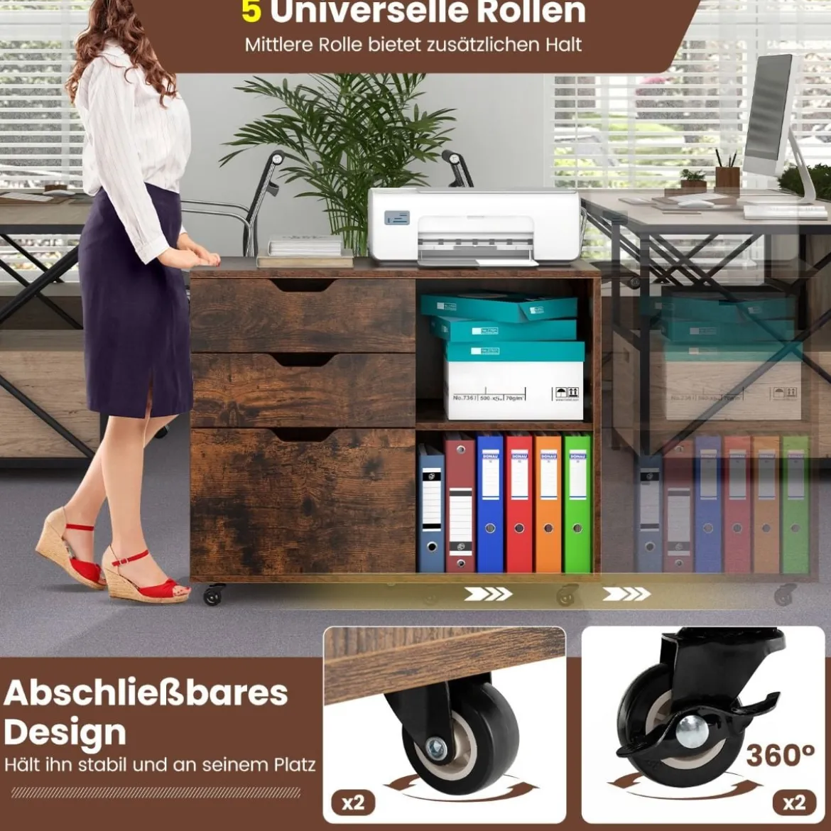 Rollcontainer mit 3 Schubladen Aktenschrank mit Rollen und offenen Fächern Weiß/Rustikal Braun