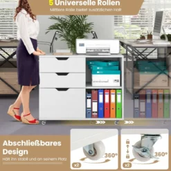 Rollcontainer mit 3 Schubladen Aktenschrank mit Rollen und offenen Fächern Weiß/Rustikal Braun
