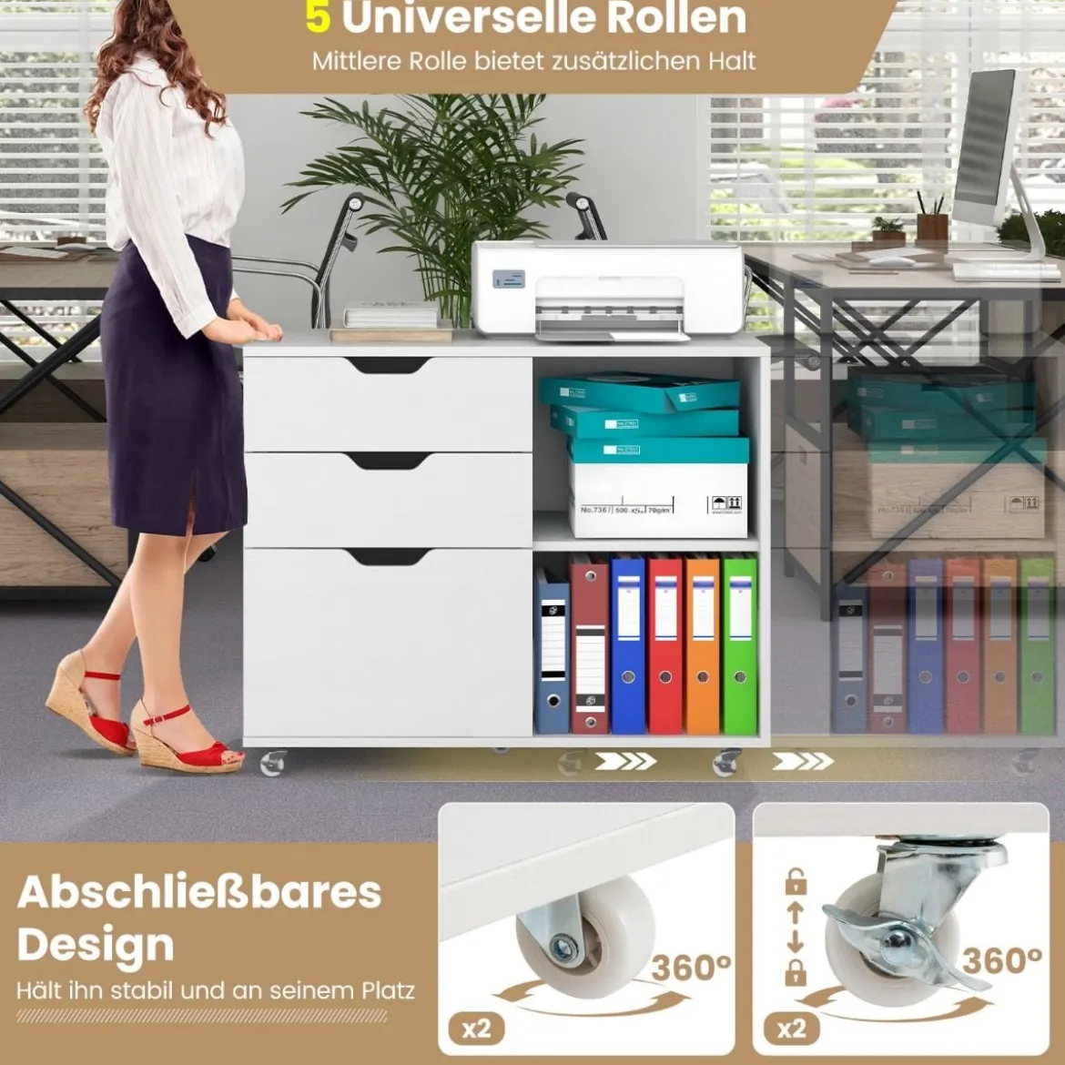 Rollcontainer mit 3 Schubladen Aktenschrank mit Rollen und offenen Fächern Weiß/Rustikal Braun