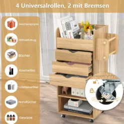 Rollcontainer mit 3 Schubladen & 2 Rollstangen & 3 Fächern Bastelwagen Rollwagen Natur