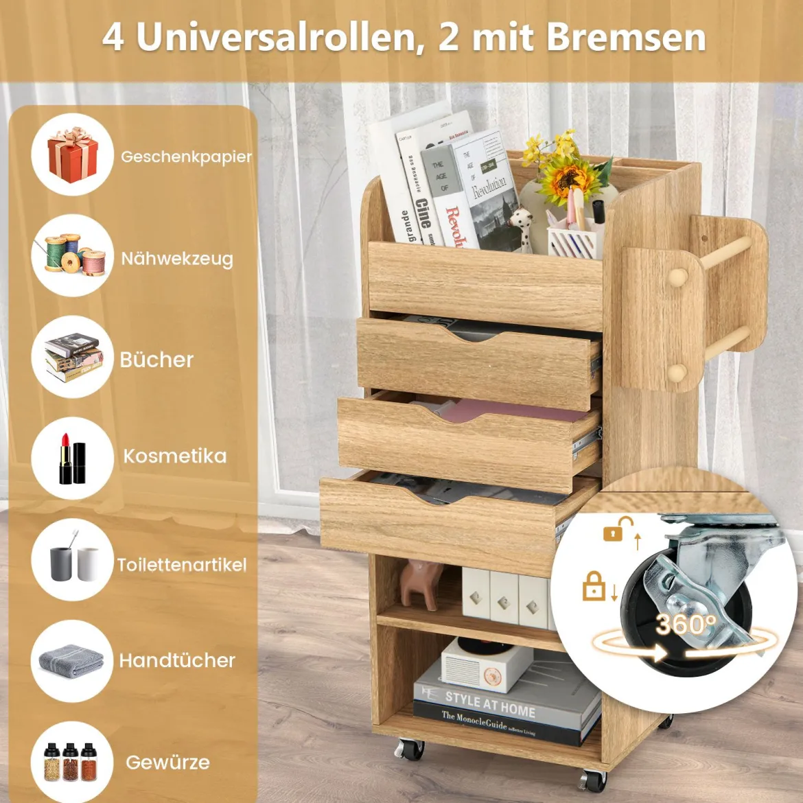 Rollcontainer mit 3 Schubladen & 2 Rollstangen & 3 Fächern Bastelwagen Rollwagen Natur