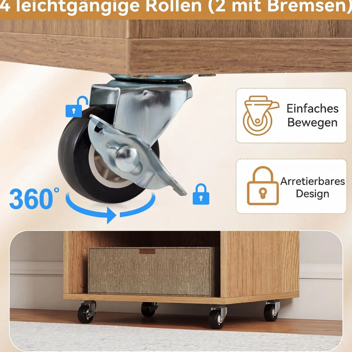 Rollcontainer mit 3 Schubladen 2 Rollstangen & 3 Fächern Bastelwagen 48,5 x 33,5 x 85,5 cm