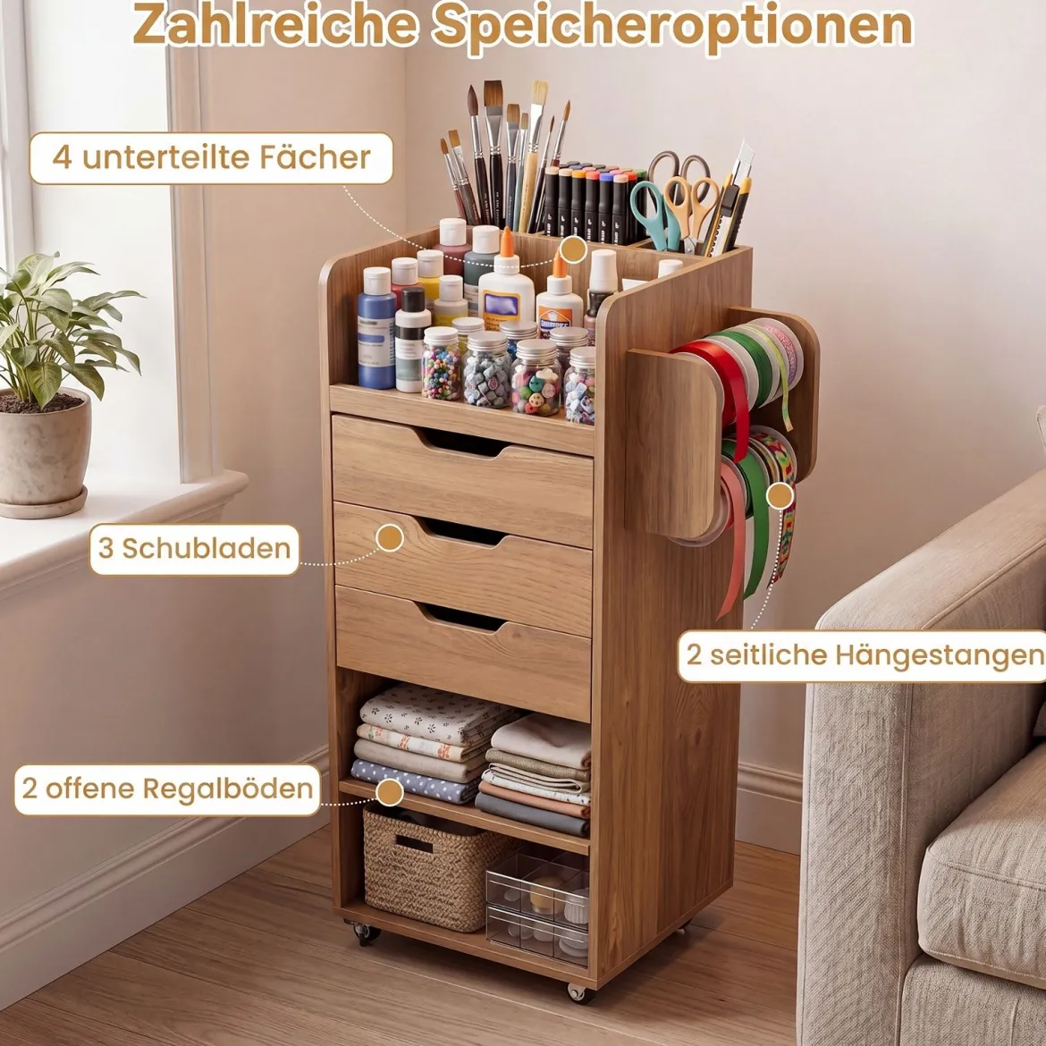 Rollcontainer mit 3 Schubladen 2 Rollstangen & 3 Fächern Bastelwagen 48,5 x 33,5 x 85,5 cm