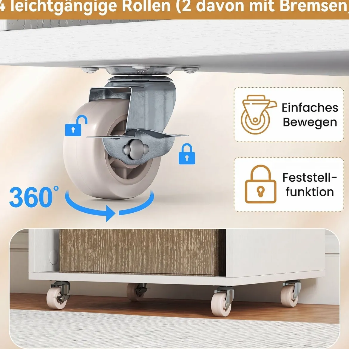 Rollcontainer mit 3 Schubladen 2 Rollstangen & 3 Fächern Bastelwagen 48,5 x 33,5 x 85,5 cm