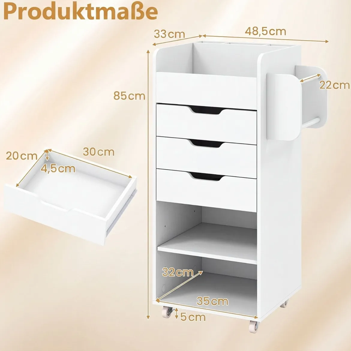 Rollcontainer mit 3 Schubladen 2 Rollstangen & 3 Fächern Bastelwagen 48,5 x 33,5 x 85,5 cm