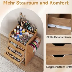 Rollcontainer mit 3 Schubladen 2 Rollstangen & 3 Fächern Bastelwagen 48,5 x 33,5 x 85,5 cm