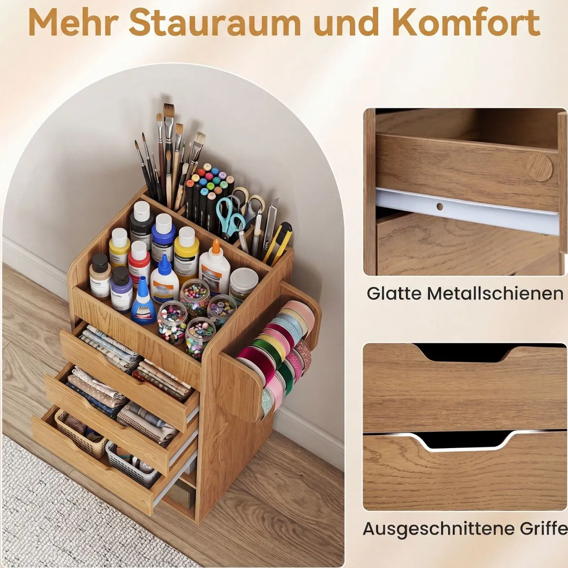 Rollcontainer mit 3 Schubladen 2 Rollstangen & 3 Fächern Bastelwagen 48,5 x 33,5 x 85,5 cm
