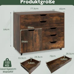 Rollcontainer mit 5 Schubladen & Schrank Mobiler Aktenschrank Schubladenschrank Bürocontainer Braun