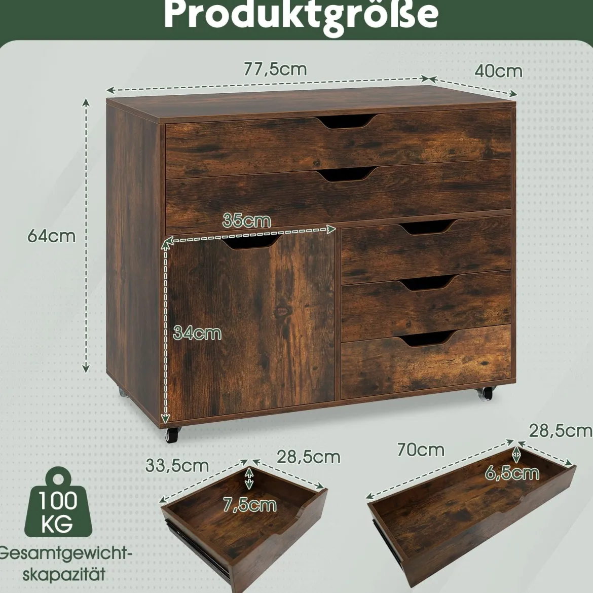 Rollcontainer mit 5 Schubladen & Schrank Mobiler Aktenschrank Schubladenschrank Bürocontainer Braun