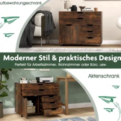 Rollcontainer mit 5 Schubladen & Schrank Mobiler Aktenschrank Schubladenschrank Bürocontainer Braun