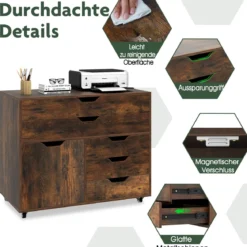 Rollcontainer mit 5 Schubladen & Schrank Mobiler Aktenschrank Schubladenschrank Bürocontainer Braun