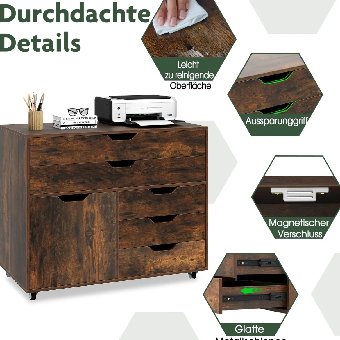 Rollcontainer mit 5 Schubladen & Schrank Mobiler Aktenschrank Schubladenschrank Bürocontainer Braun