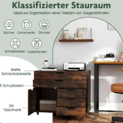 Rollcontainer mit 5 Schubladen & Schrank Mobiler Aktenschrank Schubladenschrank Bürocontainer Braun