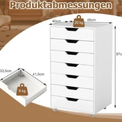 Rollcontainer mit 7 Schubladen & Rädern Mobiler Aktenschrank Bürocontainer Rollschrank Weiß