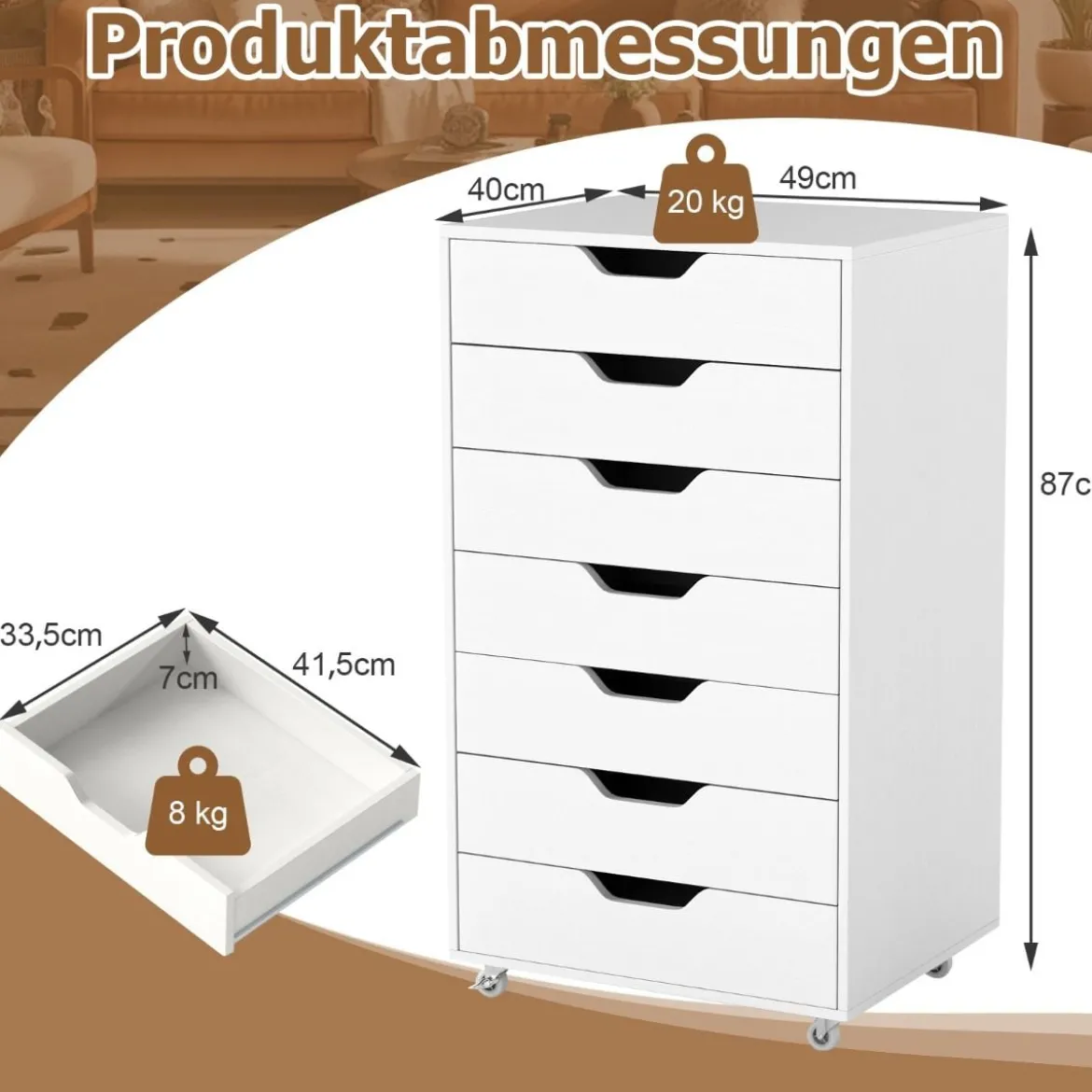 Rollcontainer mit 7 Schubladen & Rädern Mobiler Aktenschrank Bürocontainer Rollschrank Weiß