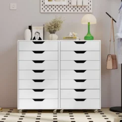 Rollcontainer mit 7 Schubladen & Rädern Mobiler Aktenschrank Bürocontainer Rollschrank Weiß