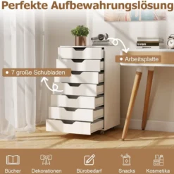 Rollcontainer mit 7 Schubladen & Rädern Mobiler Aktenschrank Bürocontainer Rollschrank Weiß