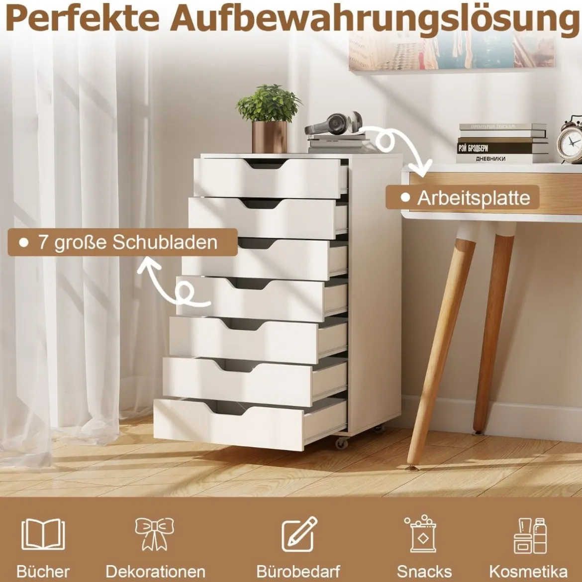 Rollcontainer mit 7 Schubladen & Rädern Mobiler Aktenschrank Bürocontainer Rollschrank Weiß