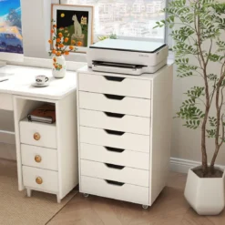 Rollcontainer mit 7 Schubladen & Rädern Mobiler Aktenschrank Bürocontainer Rollschrank Weiß