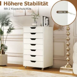 Rollcontainer mit 7 Schubladen & Rädern Mobiler Aktenschrank Bürocontainer Rollschrank Weiß