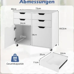 Rollcontainer mit 4 Schubladen und 2 Türen Aktenschrank mit Rollen Druckerständer Weiß
