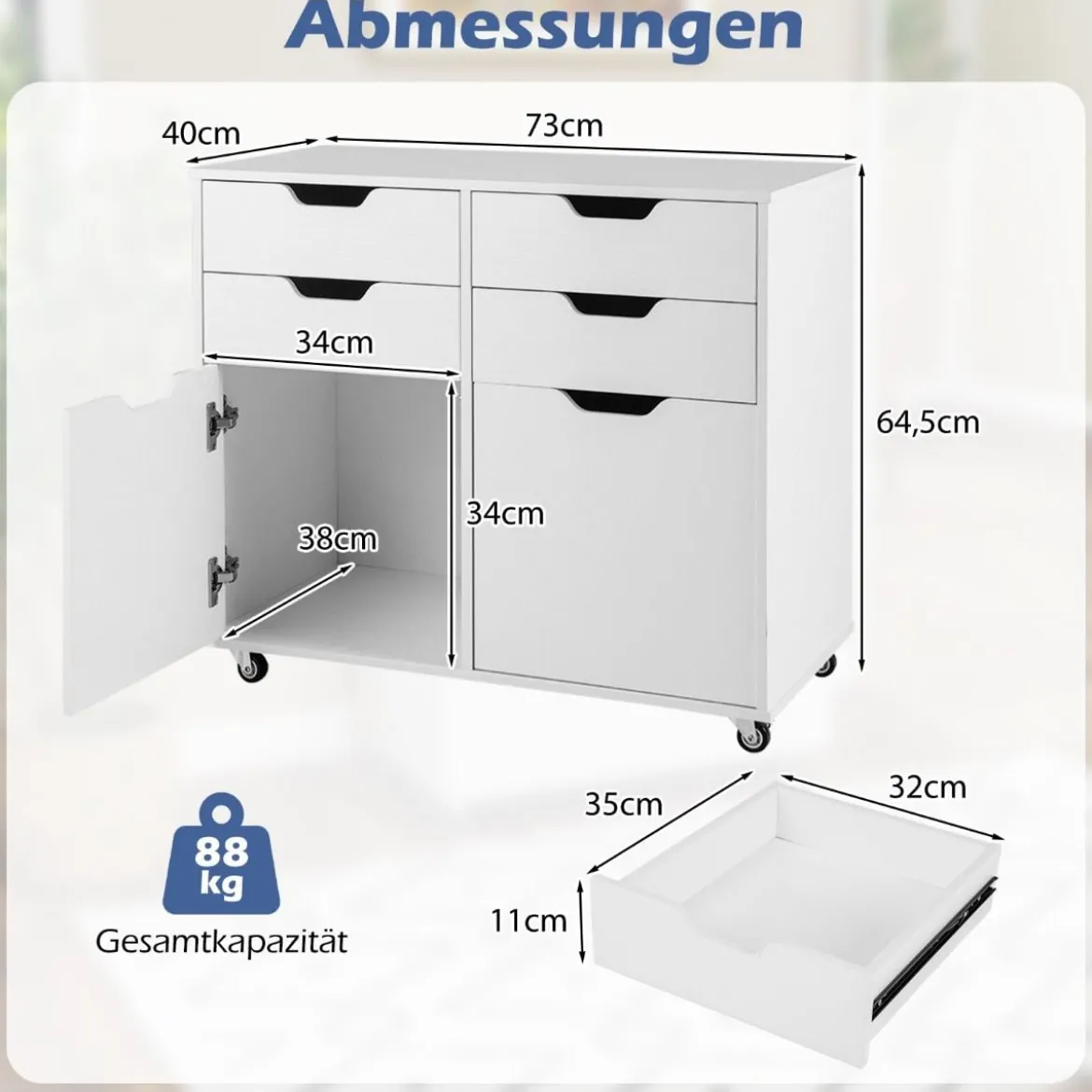 Rollcontainer mit 4 Schubladen und 2 Türen Aktenschrank mit Rollen Druckerständer Weiß