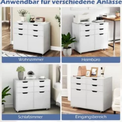 Rollcontainer mit 4 Schubladen und 2 Türen Aktenschrank mit Rollen Druckerständer Weiß