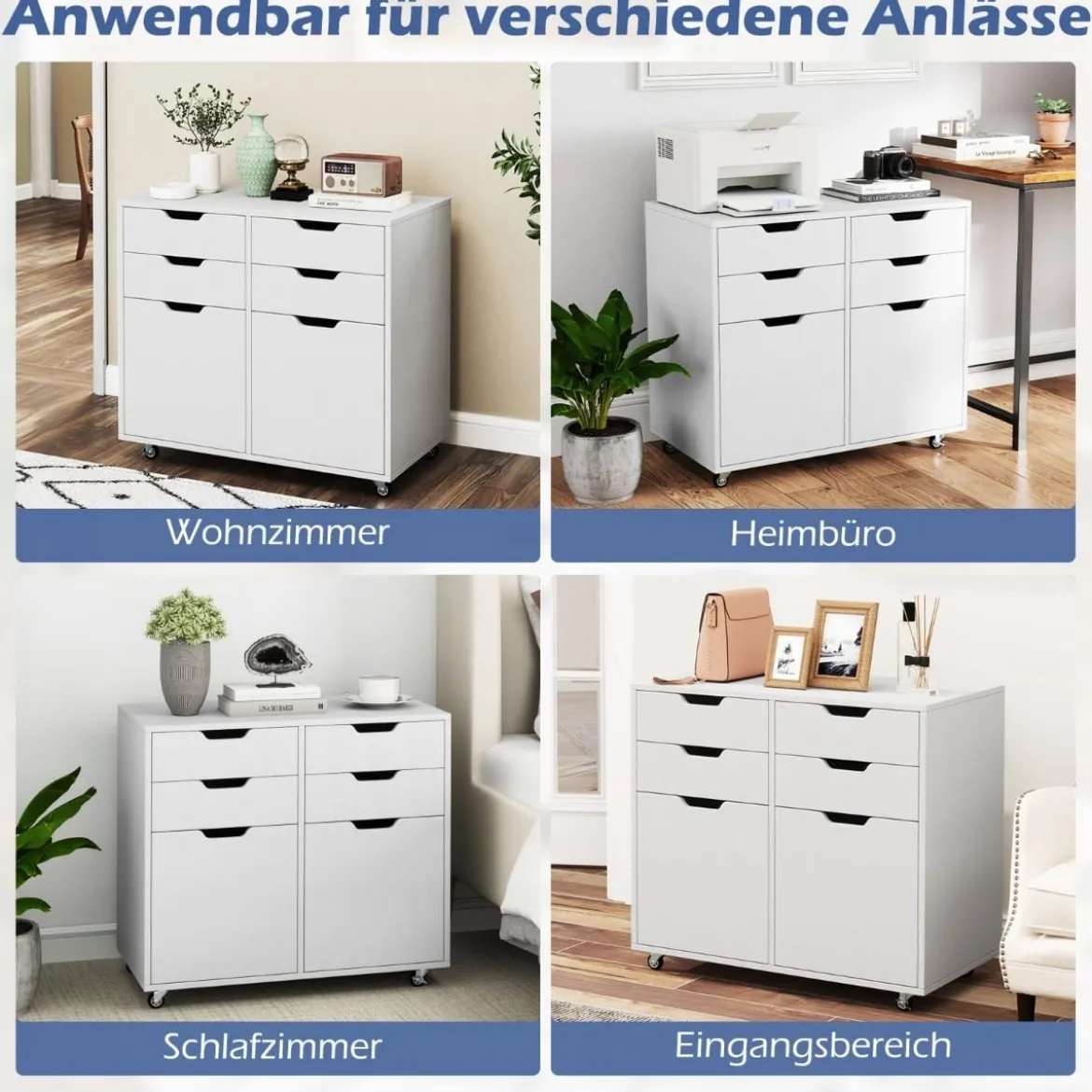 Rollcontainer mit 4 Schubladen und 2 Türen Aktenschrank mit Rollen Druckerständer Weiß