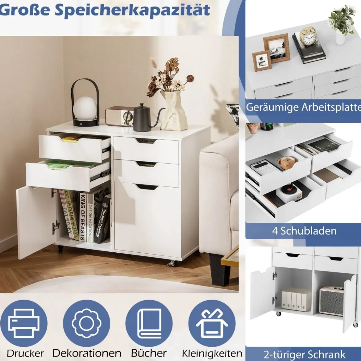 Rollcontainer mit 4 Schubladen und 2 Türen Aktenschrank mit Rollen Druckerständer Weiß