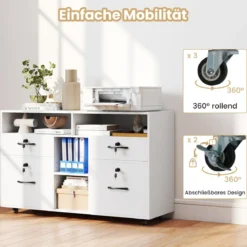 Rollcontainer mit 4 Schubladen mobiler Aktenschrank abschließbar mit verstellbarem Regal & offenen Fächern Weiß