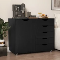 Rollcontainer mit 5 Schubladen & Tür & Arbeitsplatte & Rollen Mobiler Aktenschrank