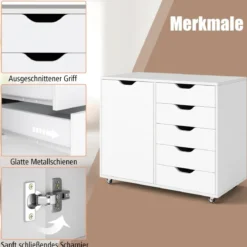 Rollcontainer mit 5 Schubladen & Tür & Arbeitsplatte & Rollen Mobiler Aktenschrank