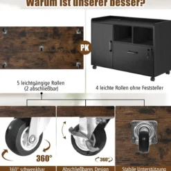 Rollcontainer mit 5 Schubladen & Tür & Arbeitsplatte & Rollen Mobiler Aktenschrank